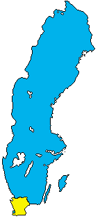 a map of Sweden (Scania and Malmö picked out in yellow and mint)
